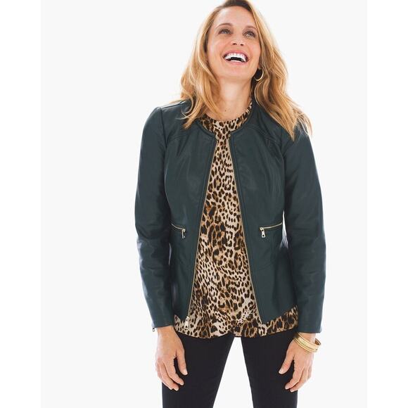 Chicos sz 0 faux leather green moto jacket sz 4 XS - Picture 1 of 9